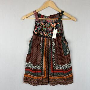 Bhanuni by Jyoti Pleated Peasant Blouse Fair Isle Red Sleeveless Women's Size XS